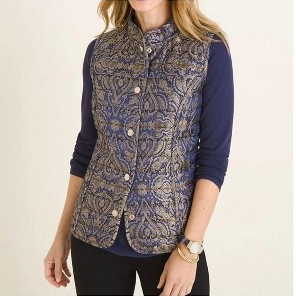 Chico's Reversible Quilted Vest Snap Front Sleeveless Blue Jacquard Black Jacket